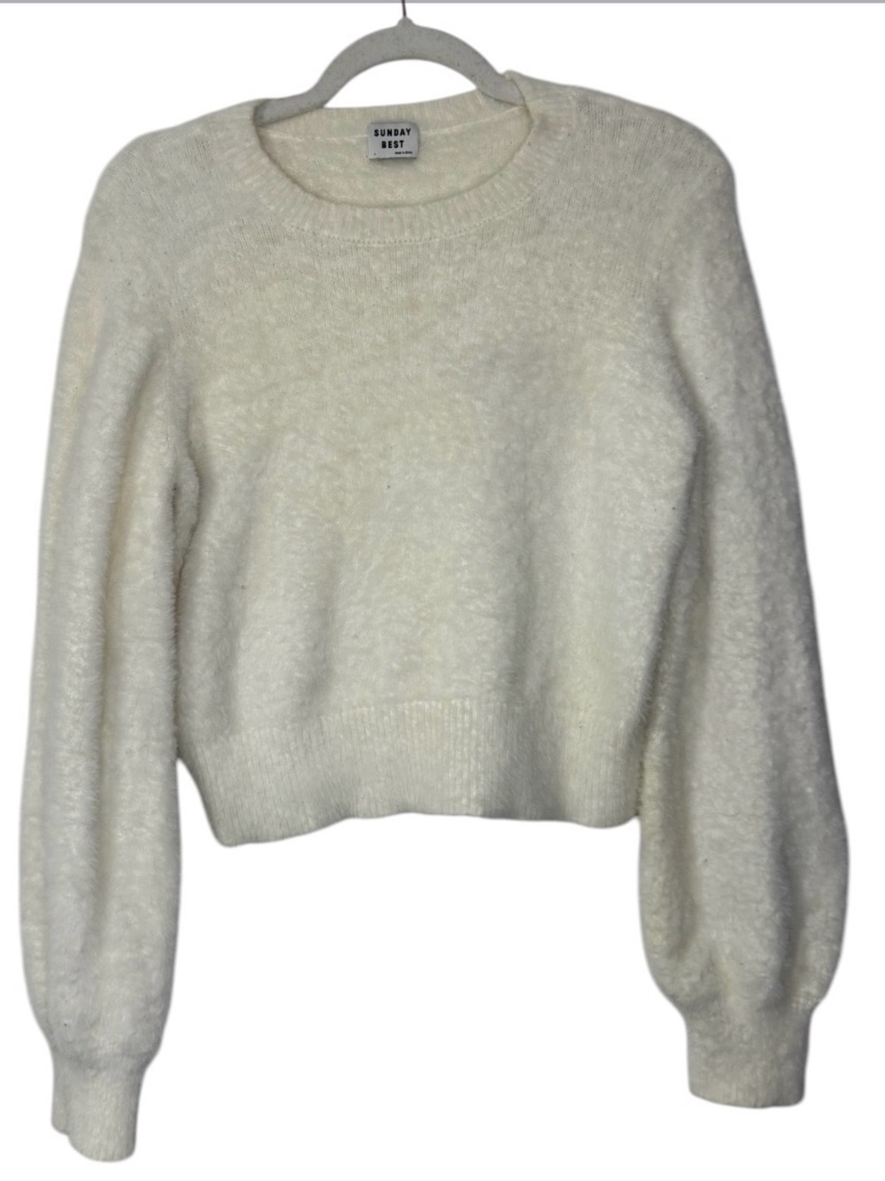 Sunday Best Sweater Womens L Cream Fuzzy Puff Sleeve Cropped